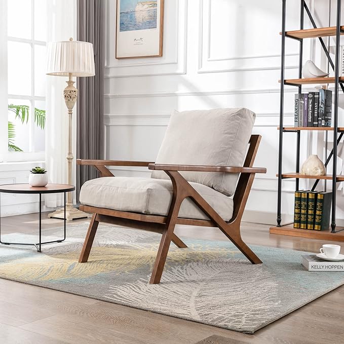 Wahson Mid Century Armchair, Accent Armchair, with Wood Frame and Canvas Cushions, Leisure Slipper Chair for Living Room/Bedroom, Beige