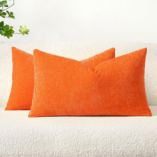 MIULEE Fall Pack of 2 Bright Orange Throw Pillow Covers 12x20 Inch Soft Chenille Pillow Covers for Sofa Living Room Couch Solid Dyed Cases