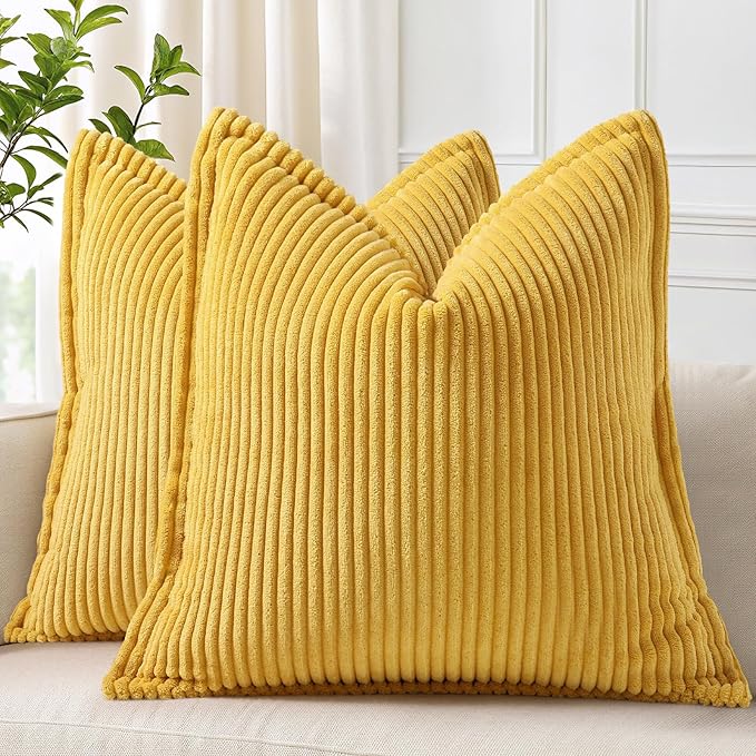 decorUhome Fall Corduroy Mustard Yellow Throw Pillow Covers 18x18 Set of 2 Decorative Soft Boho Striped Neutral Euro Farmhouse Couch Pillow Covers with Broadside for Living Room Bed Sofa