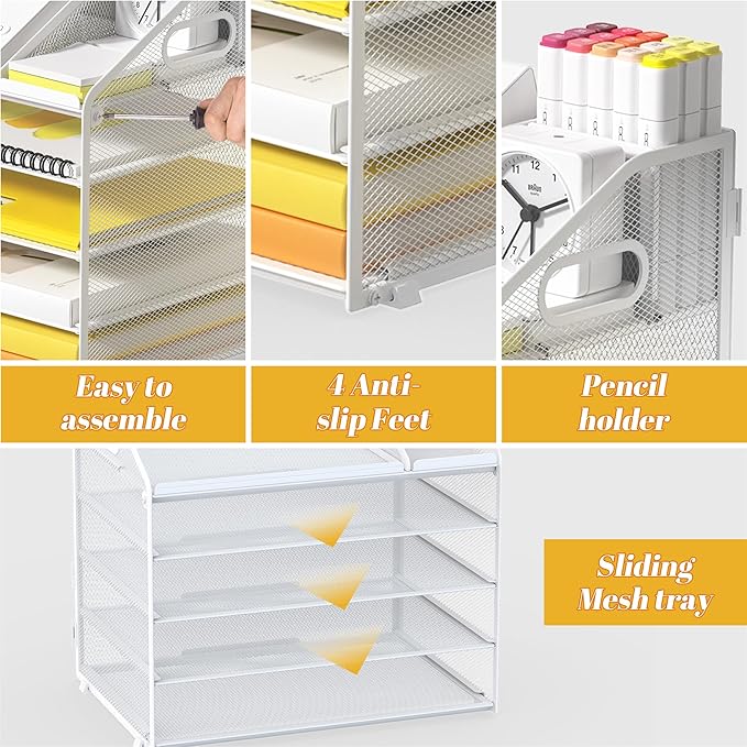 Letter Tray Paper, 5 Tier Desk Organizer with Pen Holder and Handle, Mesh File Organizer Paper Sorter Metal Desktop Document Shelf for Office Home Classroom - White