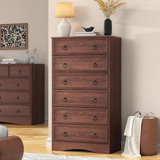 Cherry Wood Dresser 52" Tall for Bedroom, Wood 6 Chest Drawers, 6 Drawer Dresser, Storage for Clothes, Narrow Large Drawers, Vintage, for Living Room, Bedroom, Hallway