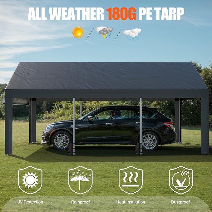 JAMFLY Carport, 12x20 ft Heavy Duty Carport with Roll-up Windows, Portable Garage with Removable Sidewalls & Doors, Car Canopy with Sandbags and All-Season Tarp for Car Boat Truck Motorcycle, Grey