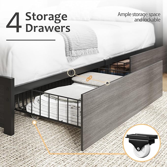 HISOFT Queen Bed Frame with Storage Headboard, Wood Bed with High Storage Bookcase, 4 Drawers & LED & Charging Station,No Box Spring Needed/Noise Free/All-Metal Support, Rustic Grey