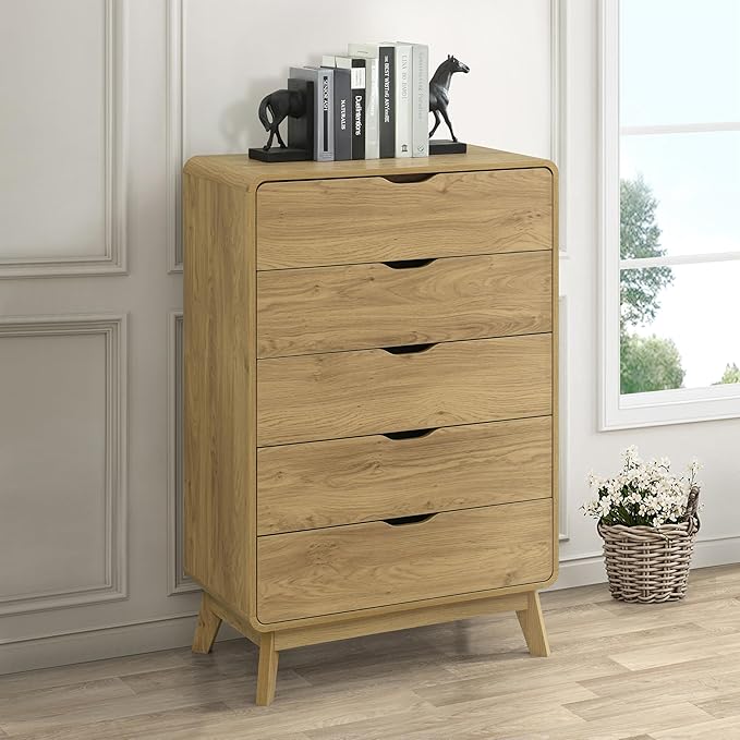 Meadow 5 Drawer Dresser for Bedroom, 47.2″ H Modern Wide Chest of Drawers, Wood Storage Organizer for Clothes, Entryway, Hallway, Nursery or Living Room, Oak