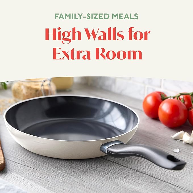 Deco 11” Nonstick Frying Pan Skillet, Made in Italy, Diamond Ceramic PFAS-Free, Dishwasher & Metal Utensil Safe, Durable Gloss Enamel Finish, Stay-Cool Handle, High Walls-Extra Room, Taupe