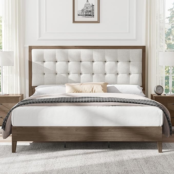 AMERLIFE King Size Solid Wood Bed Frame with Tall Tufted Headboard, Mid-Century Style, No Box Spring Required, Easy Assembly, Ash Gray