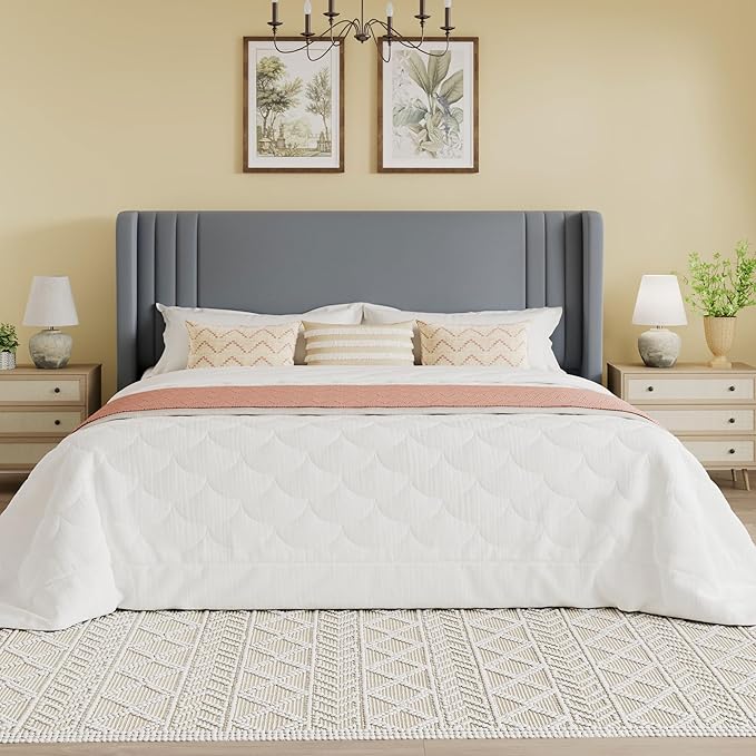 SHA CERLIN King Size Velvet Upholstered Platform Bed Frame with Vertical Channel Tufted Wingback Headboard, Wooden Slats Support, Easy Assembly, Under Bed Storage, No Box Spring Required, Grey