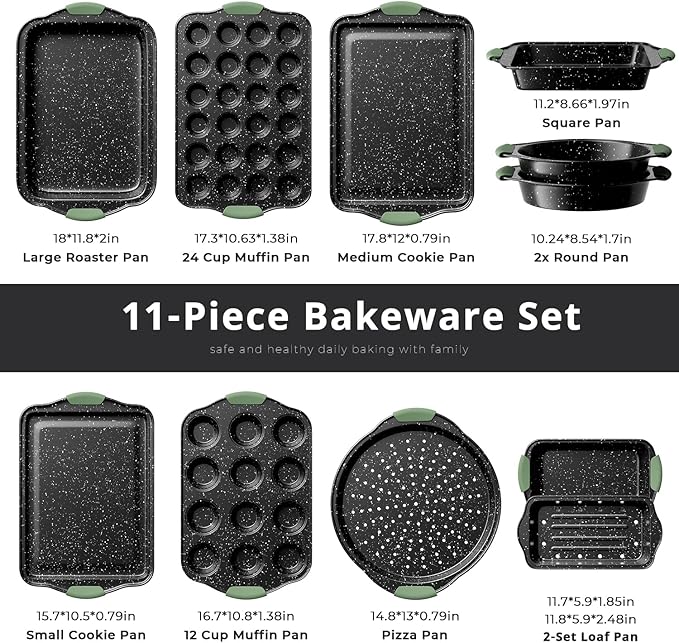 11-Piece Nonstick Bakeware Set, Stackable & Oven-Safe Kitchen Baking Pans with Silicone Handles - Includes Cookie Sheet, Cake Pan, Muffin Tin, Pizza Stone & Bread Loaf Pan, Dark Green&Black