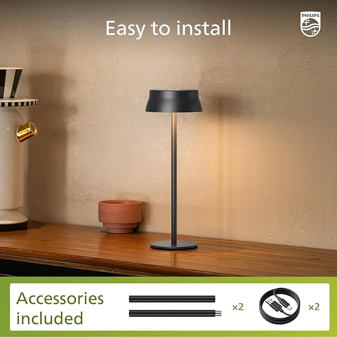Philips Cordless Table Lamp, Portable Outdoor LED Desk Light,Rechargeable Battery Operated, 2 Adjustable Height, Touch Control & 3 Color Stepless Dimming, Waterproof Lamps for Restaurant/Bedroom