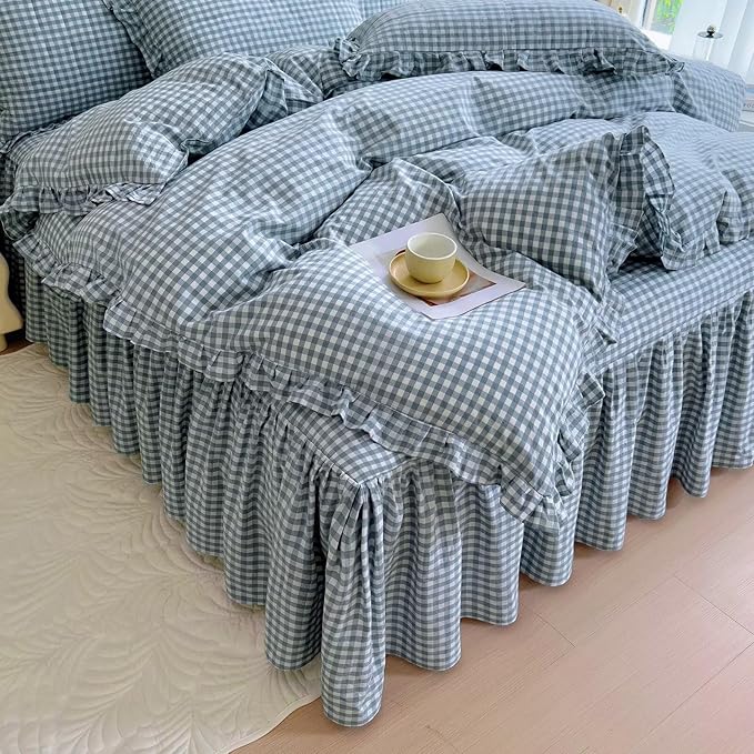 mixinni Vintage Blue Gingham Ruffle Comforter Set 3-Piece Washed Cotton King Size Grid Bedding Set with Geometric Checkered Pattern, Farmhouse Chic Soft Fluffy Comforter for All-Season