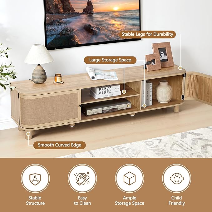 AVZEAR Curved Profile Farmhouse TV Stand for TVs Up to 70 Inches, Mid Century Modern Entertainment Center with Storage & Natural Linen Doors, Large Media Console for Living Room, Bedroom, Natural