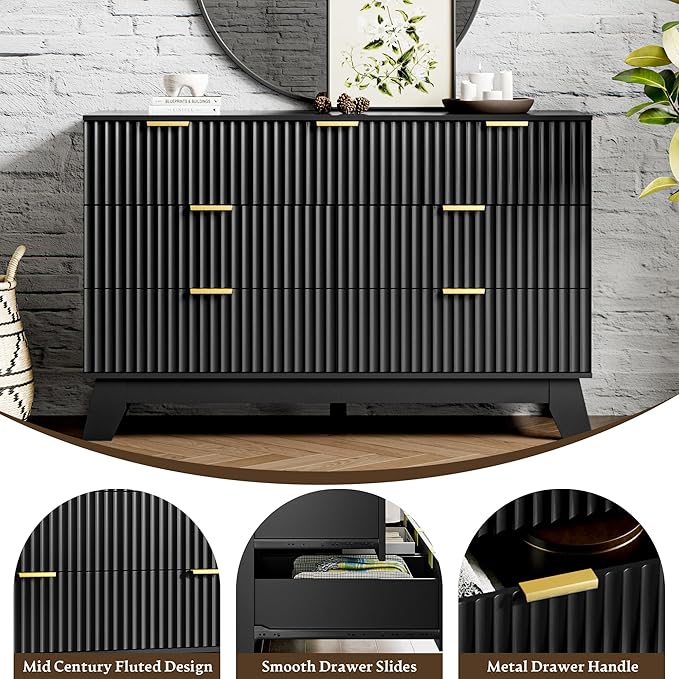 Fluted Dresser for Bedroom with 7 Drawer, Mid Century Modern Chest of Drawers, 48" Wide Natural Wood Dresser for Closet, Wooden Boho Chest Closet Storage TV Stand for Bedroom, Black