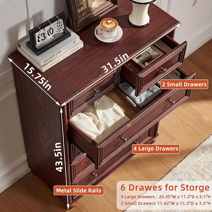 Farmhouse 6 Drawer Dresser Set of 2, Chest of Drawers for Bedroom, 43.5" Tall Dresser with Roman Column, Rustic Wood Storage Dressers Organizer for Living Room, Hallway, Closet(Red Oak)
