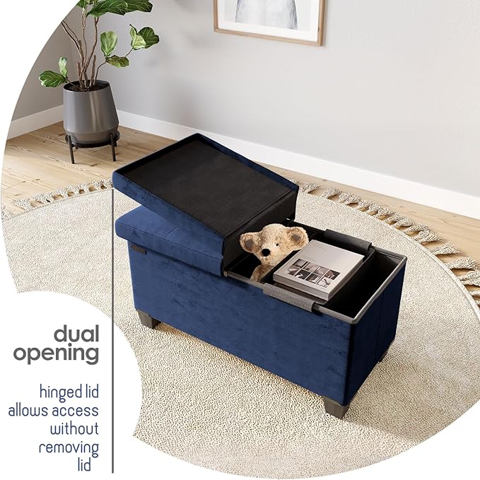 STORAGEBUD Storage Ottoman Bench with Bins, 30-in Storage Bench for Bedroom End of Bed, Folding Foot Rest Ottoman for Living Room Max 660lbs, Velvet Ottomans, Blue