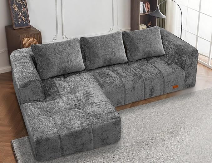 HABUTWAY 105" L-Shaped Modular Sectional Sofa, No Assembly Required Deep Seat Couch with 3 Pillows, Soft Fabric Upholstered, Modern Chaise Lounge for Living Room, Bedroom,Black (Grey)