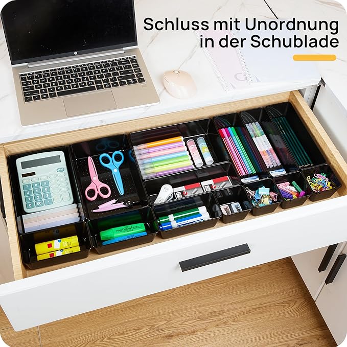 Vtopmart 25 PCS Office Desk Drawer Organizers Set, 4-Size Versatile Plastic Drawer Organizer Trays, Storage Bins for Desk Accessories Office Organizers and Storage, Bathroom, Makeup, Vanity, Black