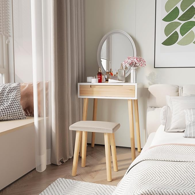 ARTETHYS Small Makeup Vanity Desk with 3 Adjustable Lighted Mirror and Chair, 24 Inch Vanities Set with Drawer Wooden Frame Dressing Table for Mini Space