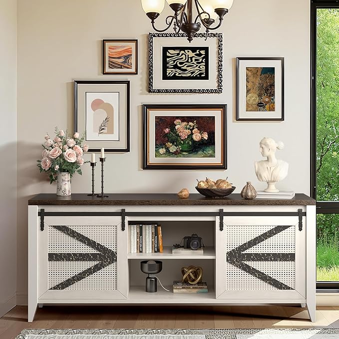 VFK 60 Inch TV Stand for TVs up to 65", Rustic Farmhouse Media Console with Sliding Barn Doors, 6 Drawers, Entertainment Center for Living Room