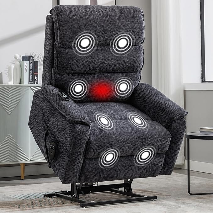 Lay Flat Lift Chair with Heat and Massage, Dual Motor Recliner, Infinite Position, Up to 350 LBS, Dark Grey, Chenille Fabric