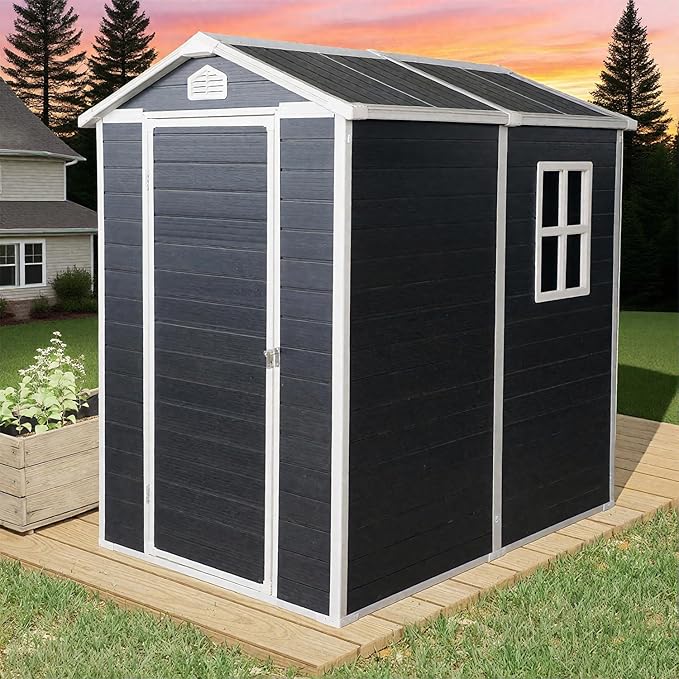 6x4 FT Outdoor Storage Resin Shed with Floor, Waterproof Plastic Garden Tool Shed with Windows, Vents & Lockable Door and Sloped Roof, Easy to Assemble Bike Shed for Patio, Backyard, Lawn, Black