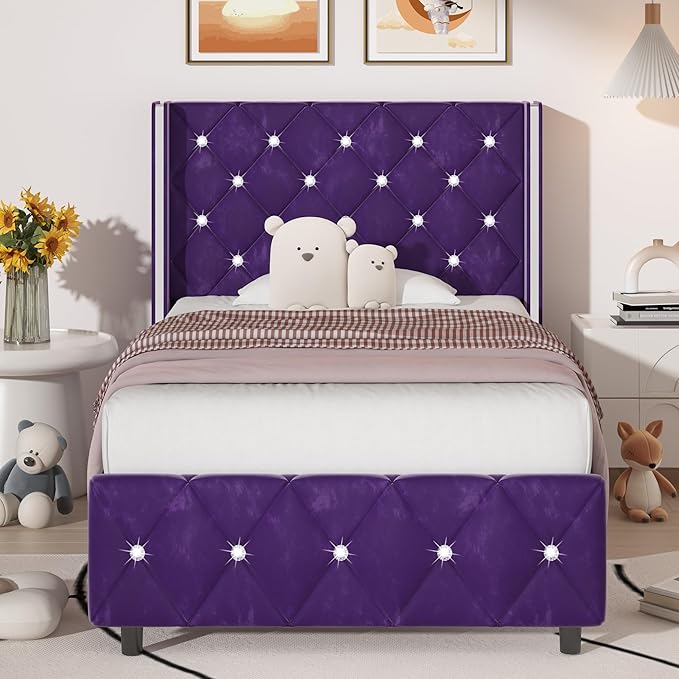 HOMBCK Twin Bed Frames, Upholstered Platform Bed with Diamond Tufted Headboard, Modern Velvet Bed Frame with Wingback Design, No Box Spring Needed, Easy Assembly, Purple