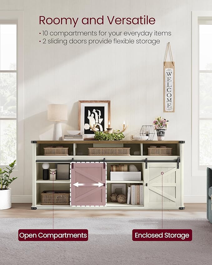 VASAGLE TV Stand for TVs up to 75 Inches, Farmhouse Entertainment Center with Sliding Barn Doors, Console Table for Living Room, Rustic White and Honey Brown ULTV323W02
