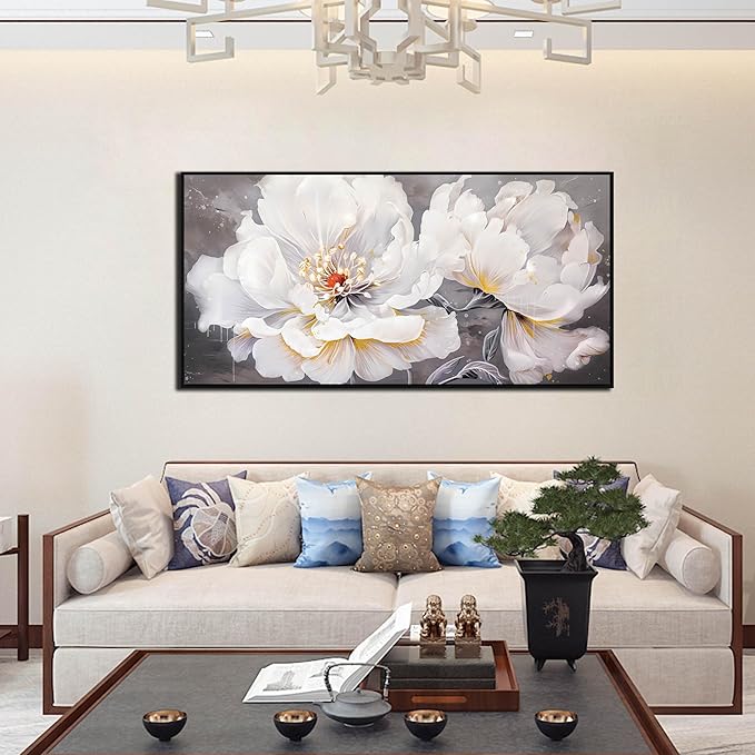 White Flower Painting Wall Decor for Living Room - Modern Framed Wall Art Bedroom - Home Decor for Women Ready to Hang Size 24" x 48"