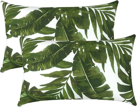 LVTXIII Set of 2 Patio Lumbar Pillows, 12”x20” Fade Resistant Outdoor Lumbar Pillow with Inners, Fluffy Decorative Garden Lumbar Cushions for Home Patio Coach Sofa Use, Palm Green