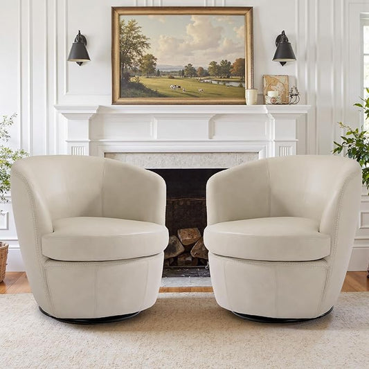 Swivel Barrel Chair, Modern Round PU Leather Accent Armchair for Living Room, Bedroom, Comfy Club Reading Chairs for Adults (Leather Beige, Set of 2)