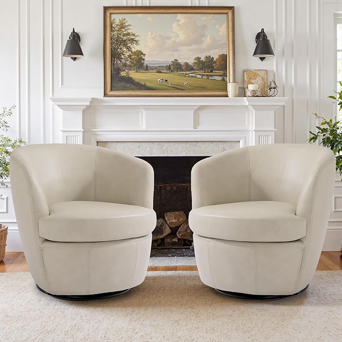 Swivel Barrel Chair, Modern Round PU Leather Accent Armchair for Living Room, Bedroom, Comfy Club Reading Chairs for Adults (Leather Beige, Set of 1)