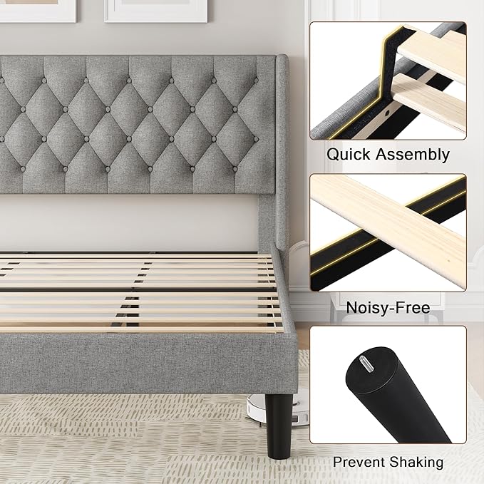 King Size Upholstered Bed Frame with Wingback Headboard, Fabric Linen Platform Bed, 8" Under Bed Storage, Wooden and Metal Slats Support, No Box Spring Needed, Light Grey