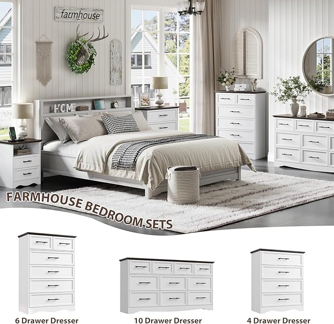 Farmhouse 6 Drawer Dresser, White Wood Chest of Drawers, 44" Tall Bedroom Storage Cabinet with Brushed Metal Handles, Closet Organizer for Bedroom, Living Room, Hallway