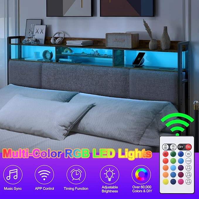 King Size Upholstered Headboard with 2 Outlets and LED Lights, King Bed Headboard with Charging Station & Storage Shelves, King Headboard Only, Height Adjustable, Easy Assembly, Brown