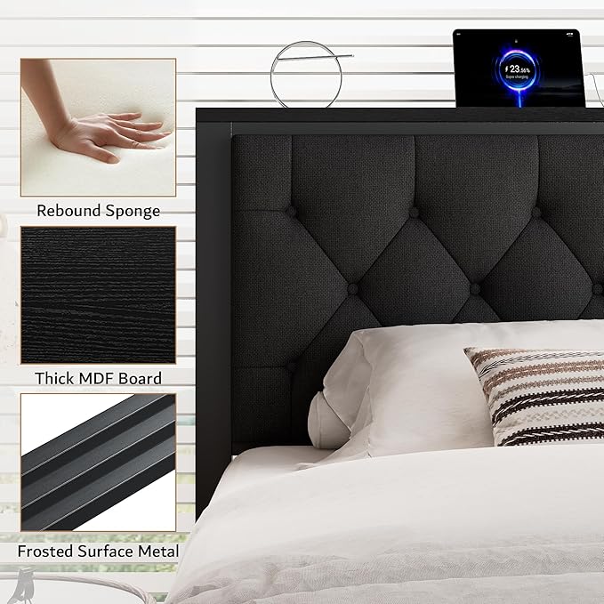 iPormis Queen Bed Frame with 2 Storage Drawers, Linen Upholstered Headboard Platform Bed with Charging Station, No Box Spring Needed, Metal Slats Support, Noise-Free, Easy Assembly, Black