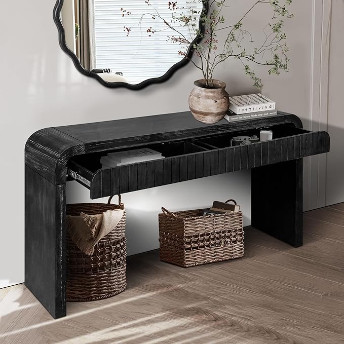 59" Wood Console Table for Entryway, Long Sofa Table Behind Couch Narrow Entryway Table with 2 Drawers Fluted Design for Living Room, Hallway, Foyer, Easy Assembly, Antique Black