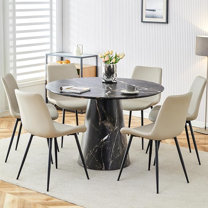 45 Inch Round Dining Table Set for 6, 7 Piece Kitchen Table and Chairs Set, White Faux Marble Table Top, Small Space Dining Set for Apartment or Dining Room