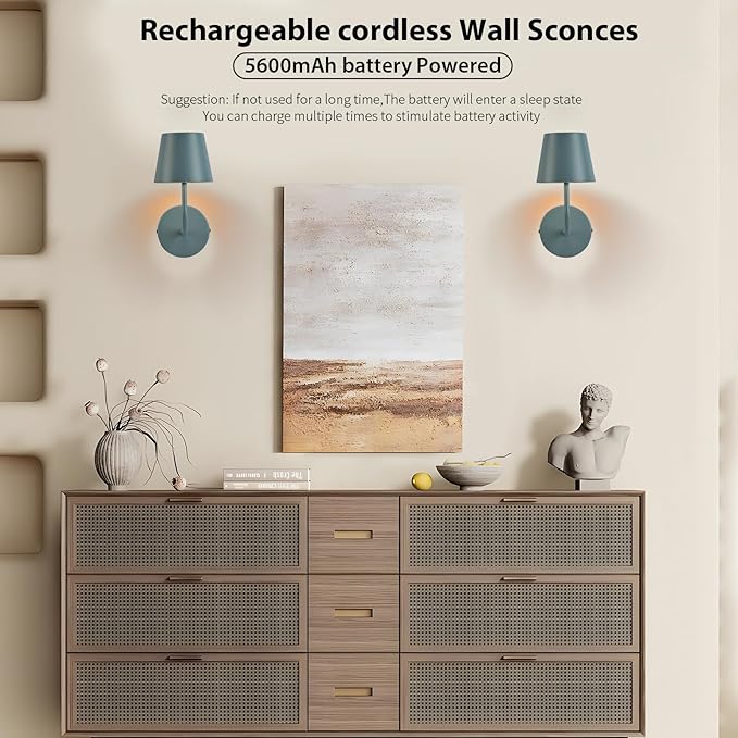 LED Wireless Wall Lamp Set of 2, with 5600mAh Rechargeable Battery Powered Wall Sconces, Touch for Remote Control Infinite Dimming Be Used for Bedroom Mirror Living Room Wall Painting(Blue)