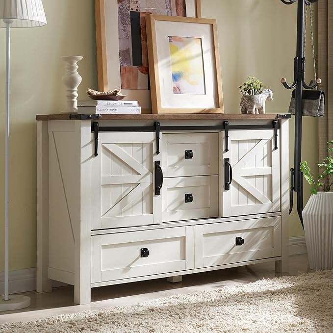 T4TREAM Farmhouse Dresser for Bedroom w/4 Drawers & Sliding Barn Doors, 48'' Wide Chest of Drawers, Rustic Dresser TV Stand w/Shelf, Organizer for Bedroom, Living Room, Entryway, Antique White