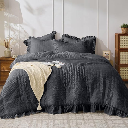 JOLLYVOGUE Dark Gray Queen Comforter Set, 3 Pieces Seersucker Bedding Comforter Sets, All Season Bed in a Bag Queen, Lightweight & Fluffy Queen Bedding Set with 1 Comforter, 2 Ruffle Pillowshams