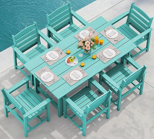 SERWALL 7-Piece Patio Table Set, Outdoor HDPE Dining Furniture with Umbrella Hole, All Weather Table and Chairs for Lawn, Garden, Poolside, Aruba