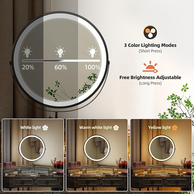 Corner Vanity Desk with Rotating Mirror and Lights,Glass Top Makeup Vanity with Human Body Senor&Charging Station,LED Vanity Table Set with 5 Drawers and Shelves for Bedroom