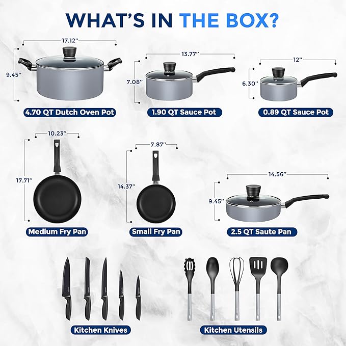 20-Piece Nonstick Kitchen Cookware Set - PTFE/PFOA/PFOS Free Heat Resistant Lacquer Kitchen Ware Pots Pan Set w/Bakelite Handles, Saucepan, Frying Pans, Lid, Knife Set - SereneLife SLCW20GRY (Gray)