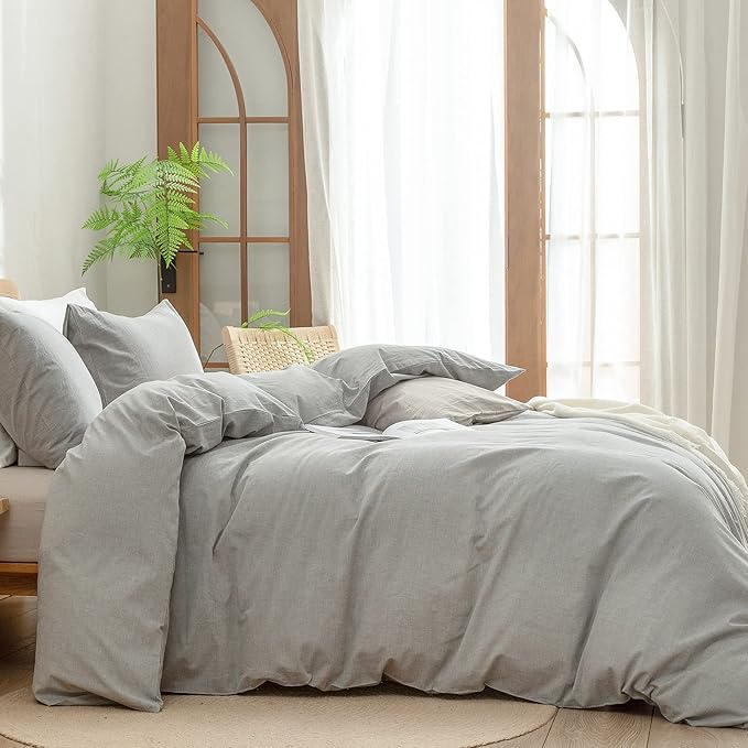 BESTOUCH Duvet Cover Set 100% Washed Cotton Linen Feel Super Soft Comfortable Chic Lightweight 3 PCs Home Bedding Set Solid Light Grey King