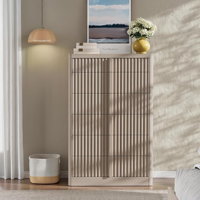 Fluted Dresser for Bedroom, 48" Tall 6 Drawer Dresser, Modern Chest of Drawers with Solid Wood Handle, Curved Profile Design, Wood Dressers Storage Organizer, Living Room, Hallway, Natural Oak