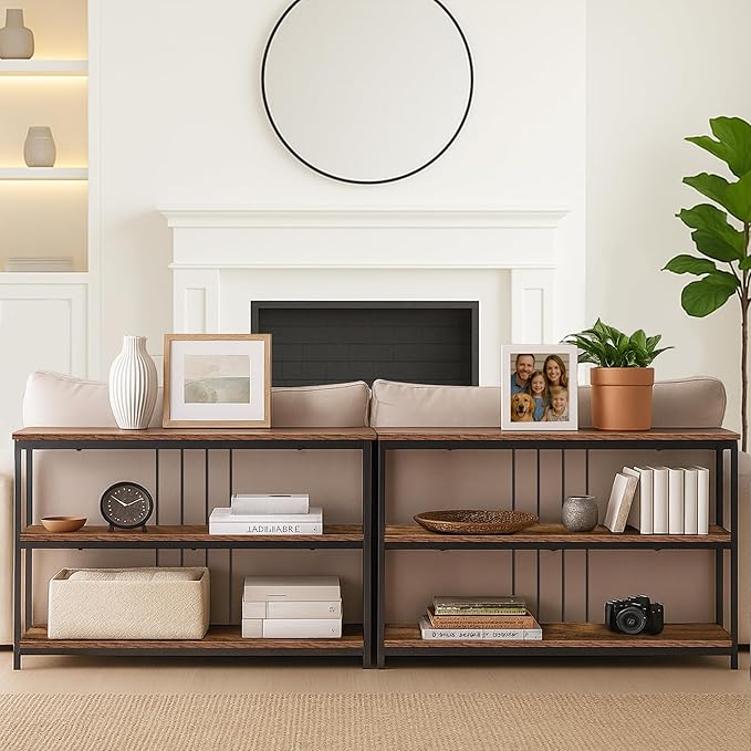 INHABIT UNION Sofa Console Table, Farmhouse Long Entryway Table with Storage and Shelf 3Tier Sofa Table Behind Couch for Living Room,Foyer 47inch,Rustic Brown
