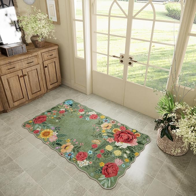 Floral Washable Area Rug 3'x5' Non Slip Boho Vintage Low Pile Soft Carpet for Living Room, Dining Room, Bedroom High Traffic Areas Indoor Rug for Bathroom, Entryway Decor (Green