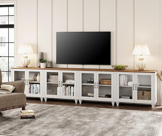 WAMPAT Large TV Stand for TVs up to 100 Inch, Entertainment Center Cabinet for 75/80/85/90 Inch, 4-in-1 Buffet Cabinet With Glass Door for Dining Room & Living Room, White