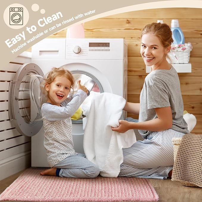 Light Peachy Pink Long Bathroom Rugs, Waffle Runner Rug Bathroom Non Slip Washable Quick Dry Cute Bath Mat Boho Farmhouse Bath Mat, 60"x24" Light Peachy Pink