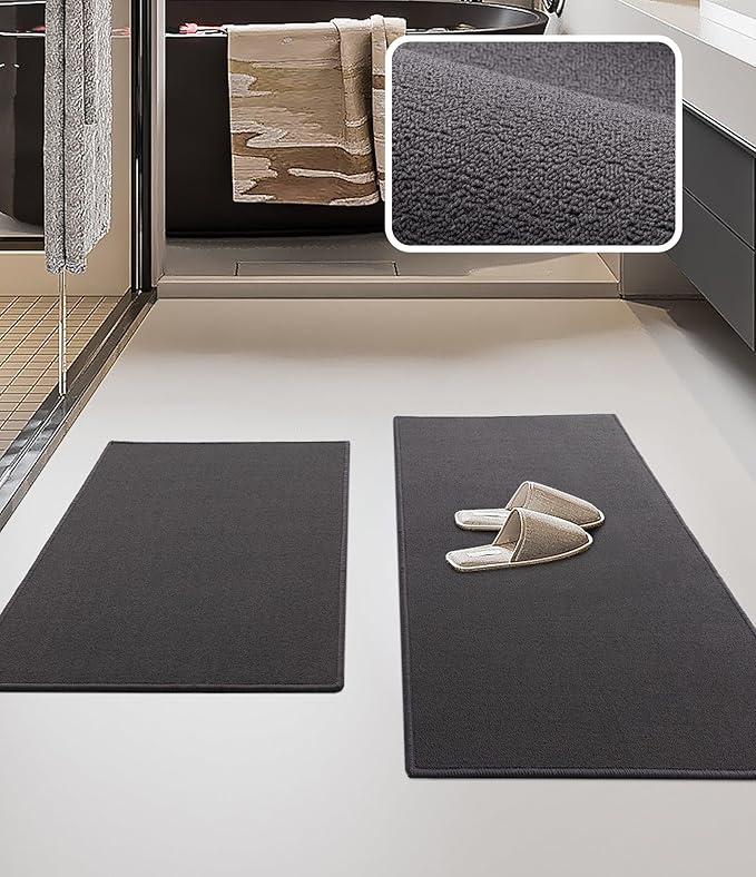 YIHOUSE Bathroom Rug Sets 2 Piece, Ultra Thin Bath Mat Fit Under Door, Quick Dry Absorbent Bath Mat for Bathroom Non Slip Machine Washable Floor Mat (Dark Grey, 2 Piece)