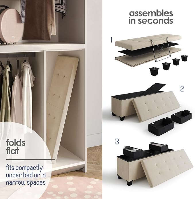 STORAGEBUD Storage Ottoman Bench with Bins, 43-in Storage Bench for Bedroom End of Bed, Folding Foot Rest Ottoman for Living Room Max 660lbs, Velvet Ottomans, Beige